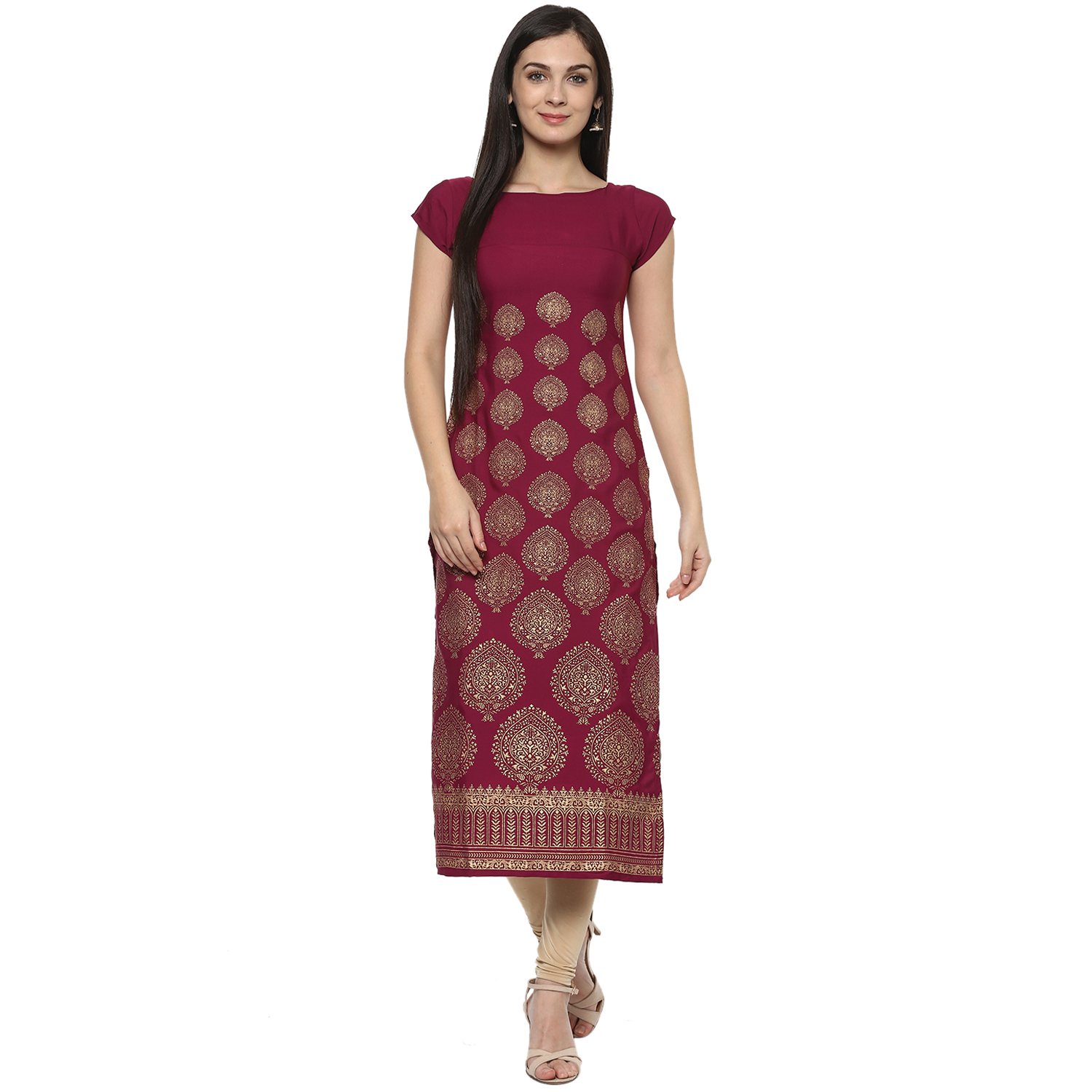 ives straight maroon crepe printed printed casual kurti for women