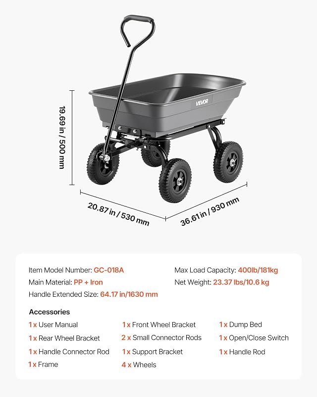 Carrello Ribaltabile per Giardinaggio Carico di 181 kg, con Meccanismo di Scarico Rapido, Ruote Girevoli, Cuscinetti Rotanti Flessibili, Carrello da Giardino per Piante, Terreno, Colture