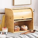 Betwoo Natural Wooden Roll Top Bread Box Kitchen Bamboo Storage Bin (2-Layer Self assembly)