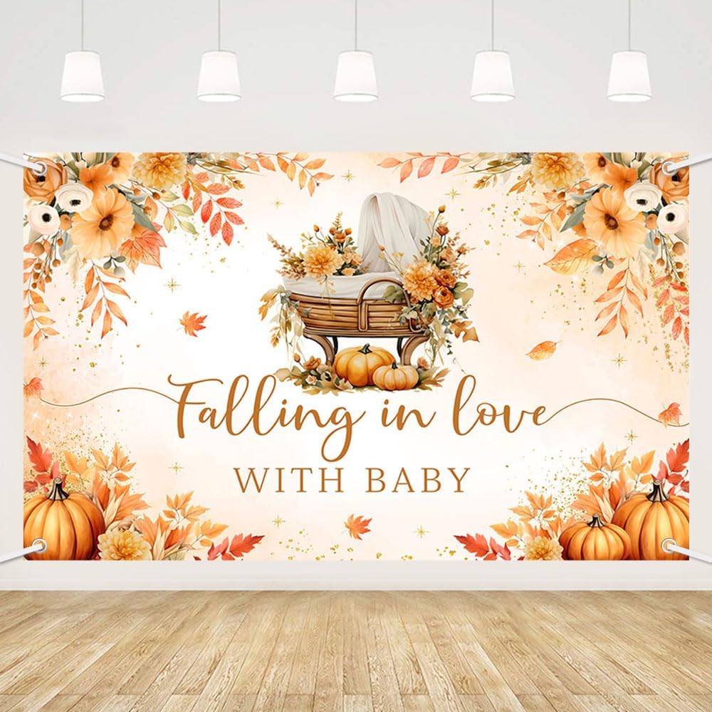 Photo 1 of MEHOFOND Fall Little Pumpkin Baby Shower Banner, Fall in Love with Baby Party Supplies, Autumn Floral Baby Shower Decorations, Falling in Love with Baby Party Photography Backdrop Banner 7x5ft