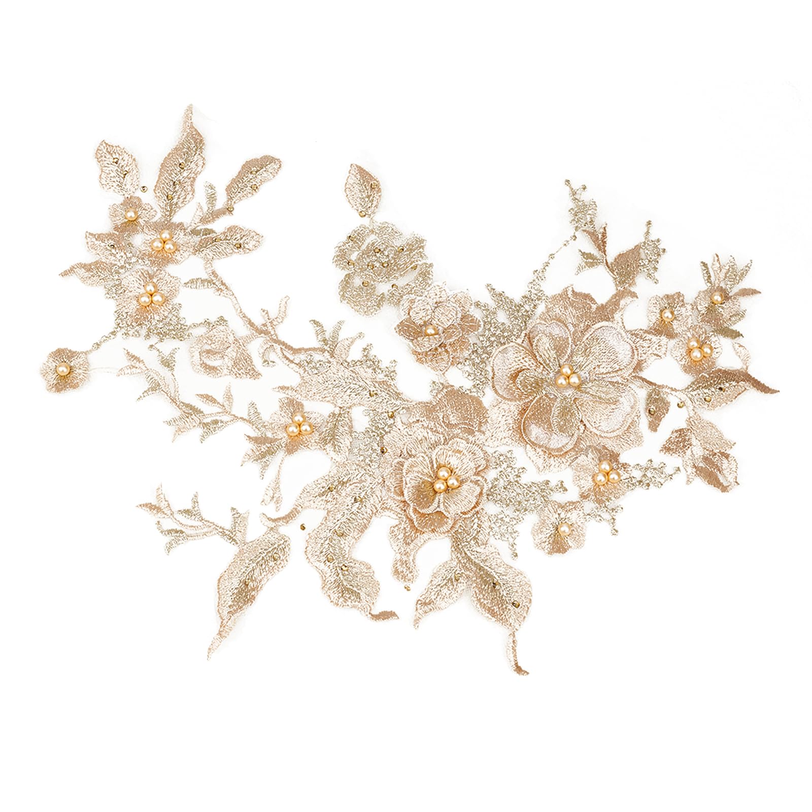NICENEEDED Fabric Flower Lace Applique, Gold Sewing Floral Appliques Patches for Dress Neckline Bodice, Beaded Embroidery Clothing Embellishments for Bridal Prom Wedding