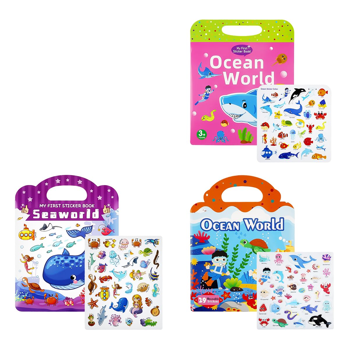 Lotsdonxia 3 Pcs Reusable Sticker Books for Toddlers, Multi-Element Theme Sensory Learning Gift, Travel Educational Toys for Car and Plane Activities (Ocean)