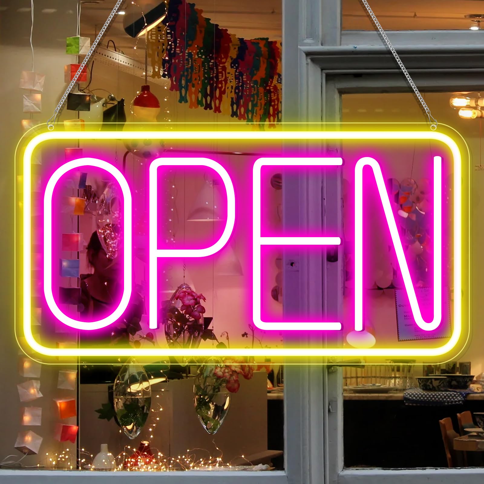 LED Neon Open Signs, 16.5''x 9'' Ultra Bright Open Sign, Neon Open Sign with ON/OFF Switch, Electric Light Up Sign for Shop, Stores, Salons, Parties, Window, Restaurant (Pink&Yellow)