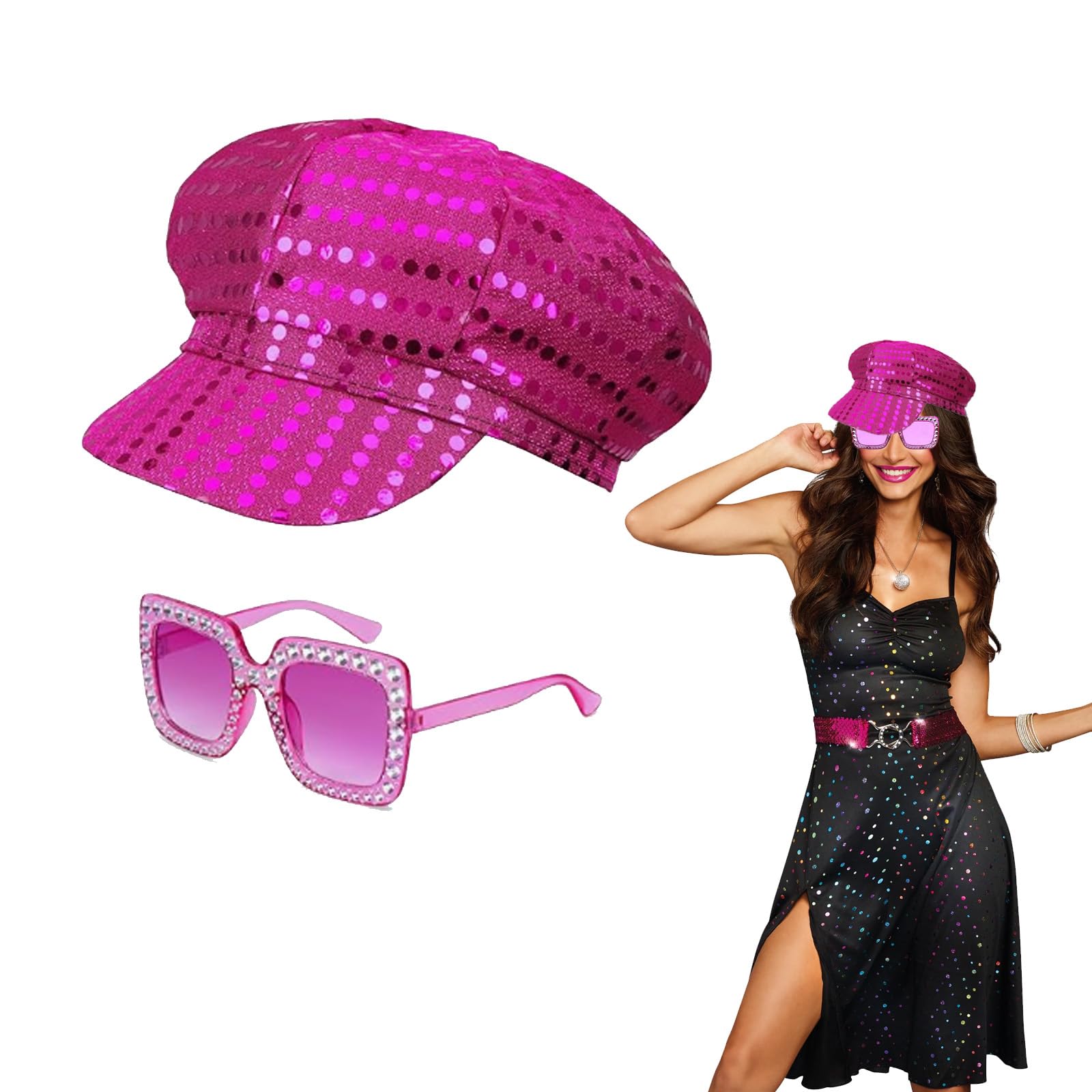 QSZHSL Glitter Hat Abba Hat Abba Accessories Women with Sequins hat Bling Sunglasses, 70s Sequin women Disco Accessories, Fancy Disco Costume Set for Women Theme Party Birthday Dance (2 Pcs)