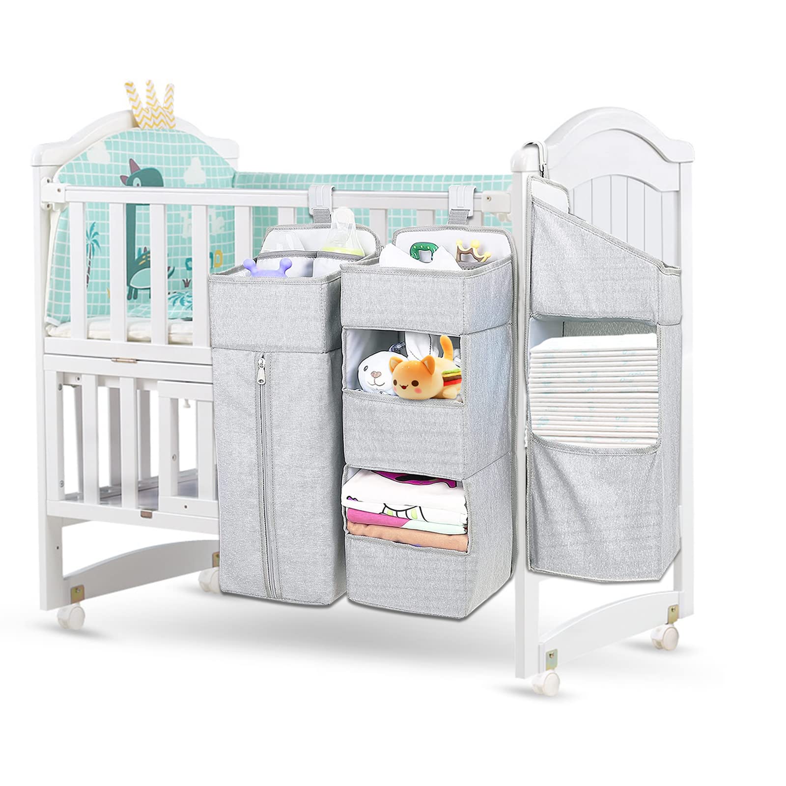 Photo 1 of TOCKONIMN Hanging Diaper Caddy Organizer for Baby Crib - 3-in-1 Diaper Stacker for Changing Table Nursery Organization Storage Holder for Baby Essentials Attachment Portable Combining (Light grey)