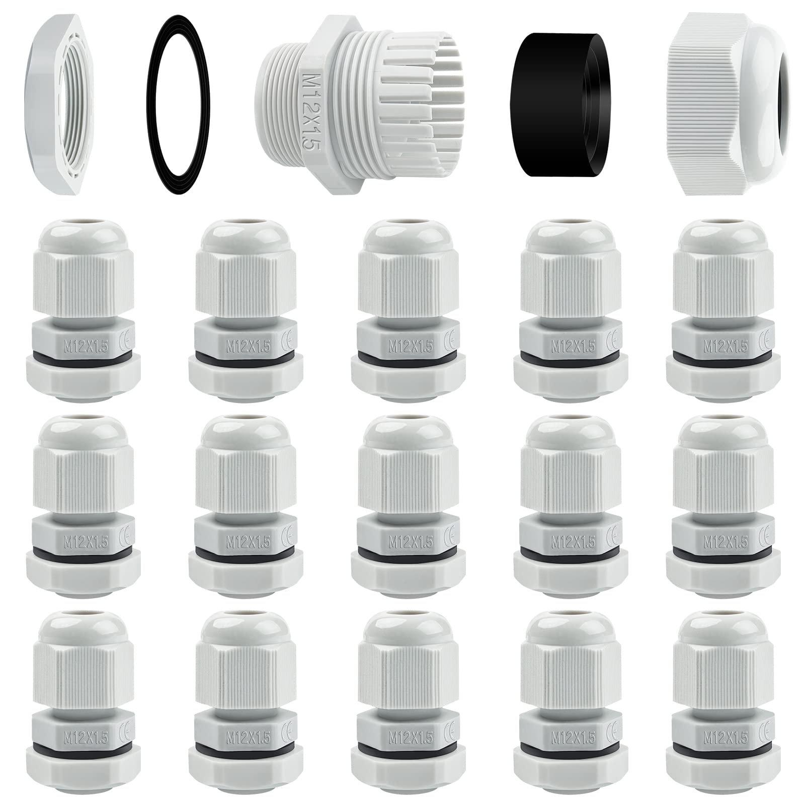 15 Pack Cable Glands M12, Hanibos IP68 Waterproof Cable Glands Nylon Compression Glands Connectors with Locknut and Washer Suitable for 3-6.5mm Cables White