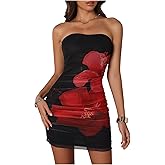 Milumia Women Sexy Floral Strapless Tube Top Dress Mesh Ruched Bodycon Party Club Date Night Mini Dress