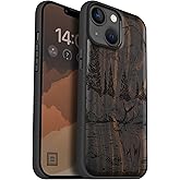 Carveit Magnetic Wood Case for iPhone 14 Case [Natural Wood & Black Soft TPU] Shockproof Protective Cover Unique Wooden Case Compatible with magsafe (Mountains and Deer -Blackwood)