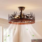 Monikessy Farmhouse Ceiling Fan with Lights, 21.7" Vintage Rustic Fandelier | Black Caged Ceiling Fan with Lights, Bear Chandelier Ceiling Fan for Living Room, Bedroom, 6 Speeds, Reversible Blades