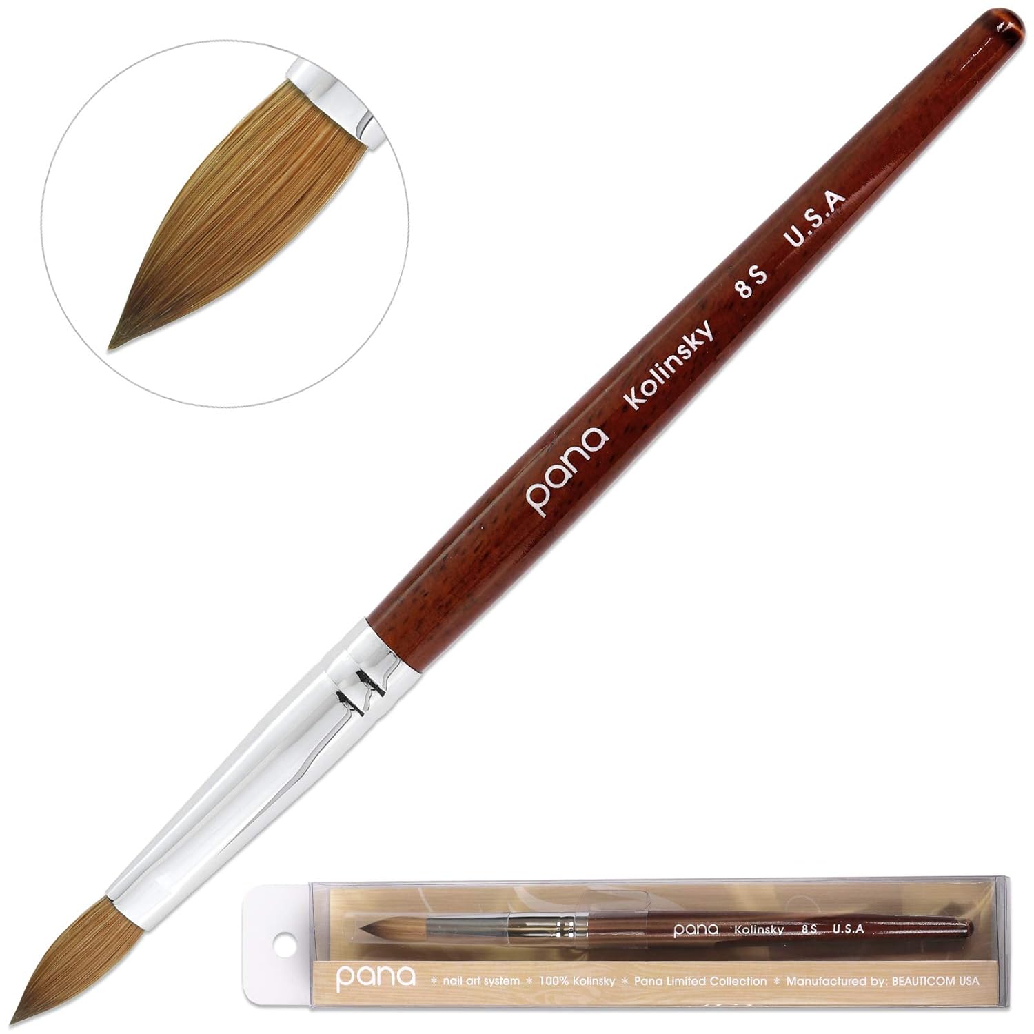 PANA 100% Pure Kolinsky Hair Bristles Acrylic Nail Brush Oval Crimped Shaped Mahogany Wood Handle Professional Salon Quality (Size 8, Mahogany) : Beauty