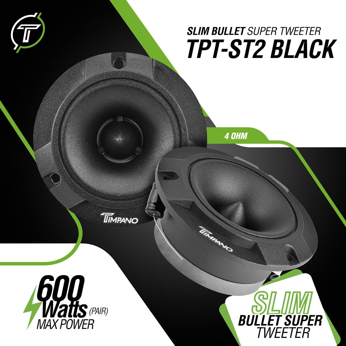 Timpano TPT-ST2 Black Slim Super Tweeter, 600 Watts 4 Ohm, 105 dB, 1 in Voice Coil, 3.85 inch Pro Car Sound System Bullet Tweeters (Pair)