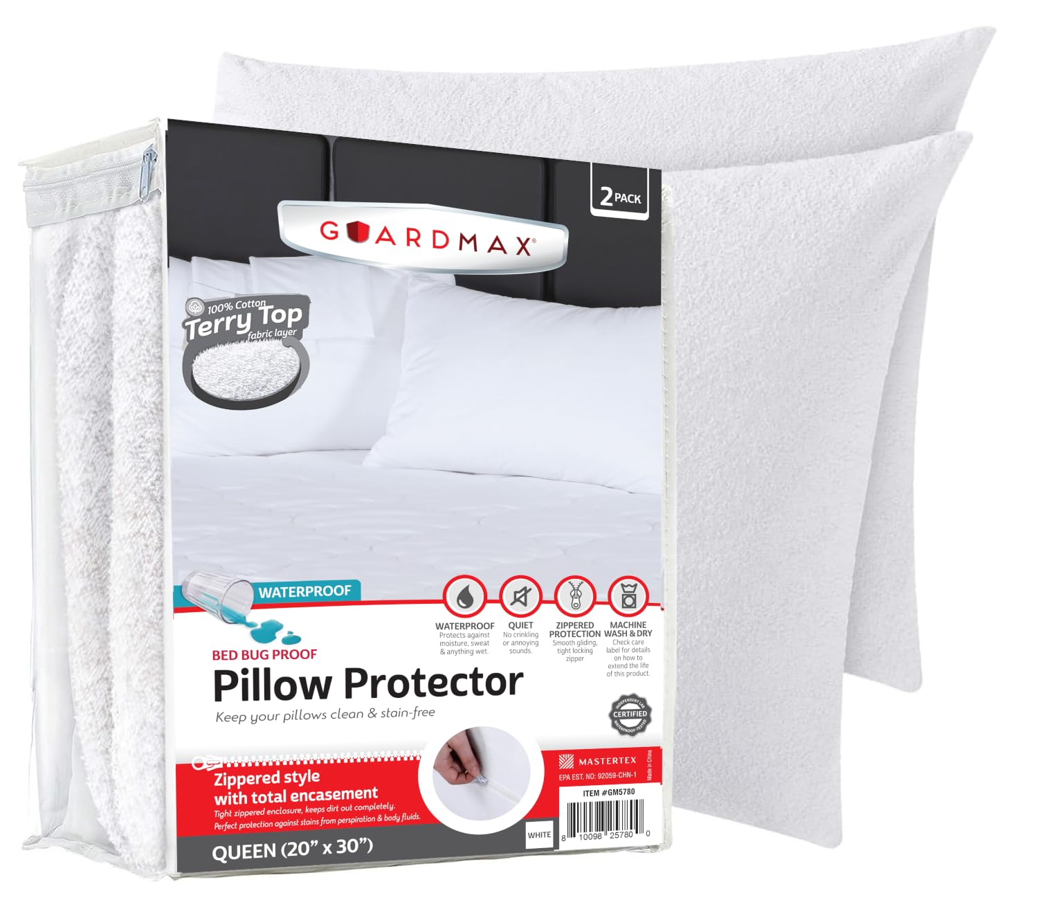 Photo 1 of Guardmax Terry Cotton Pillow Protector with Zipper Queen Size - 2 Pack -100% Waterproof, Bed Bug Proof, Dust Mite Proof, & Hypoallergenic Pillow Covers - Premium Zippered Pillow Cases. (20 X 26)