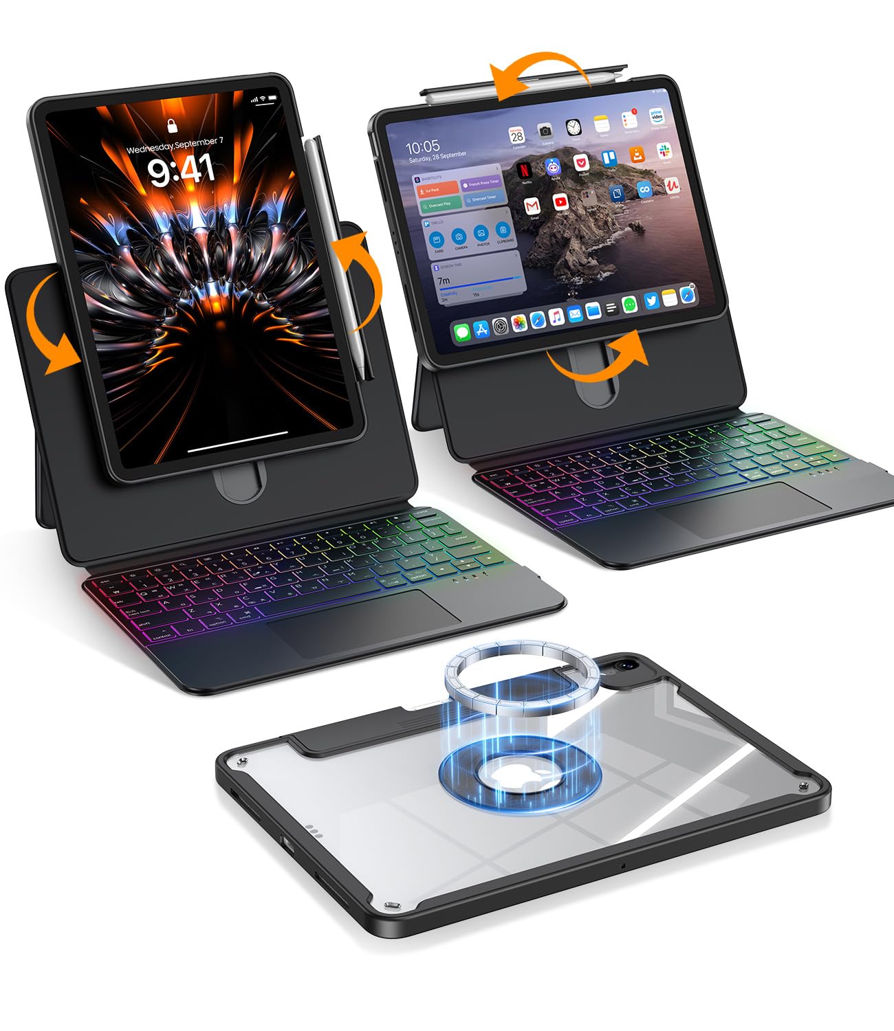 Photo 1 of BLOSOMEET Magnetic iPad Pro 13 Inch M5/M4 2025/2024 Case with Keyboard, Clear Splitfolio Detachable Cover, Up-Down Liftable, Adjustable Stand, 7-Color Backlit, Multi-Touch Trackpad, Black