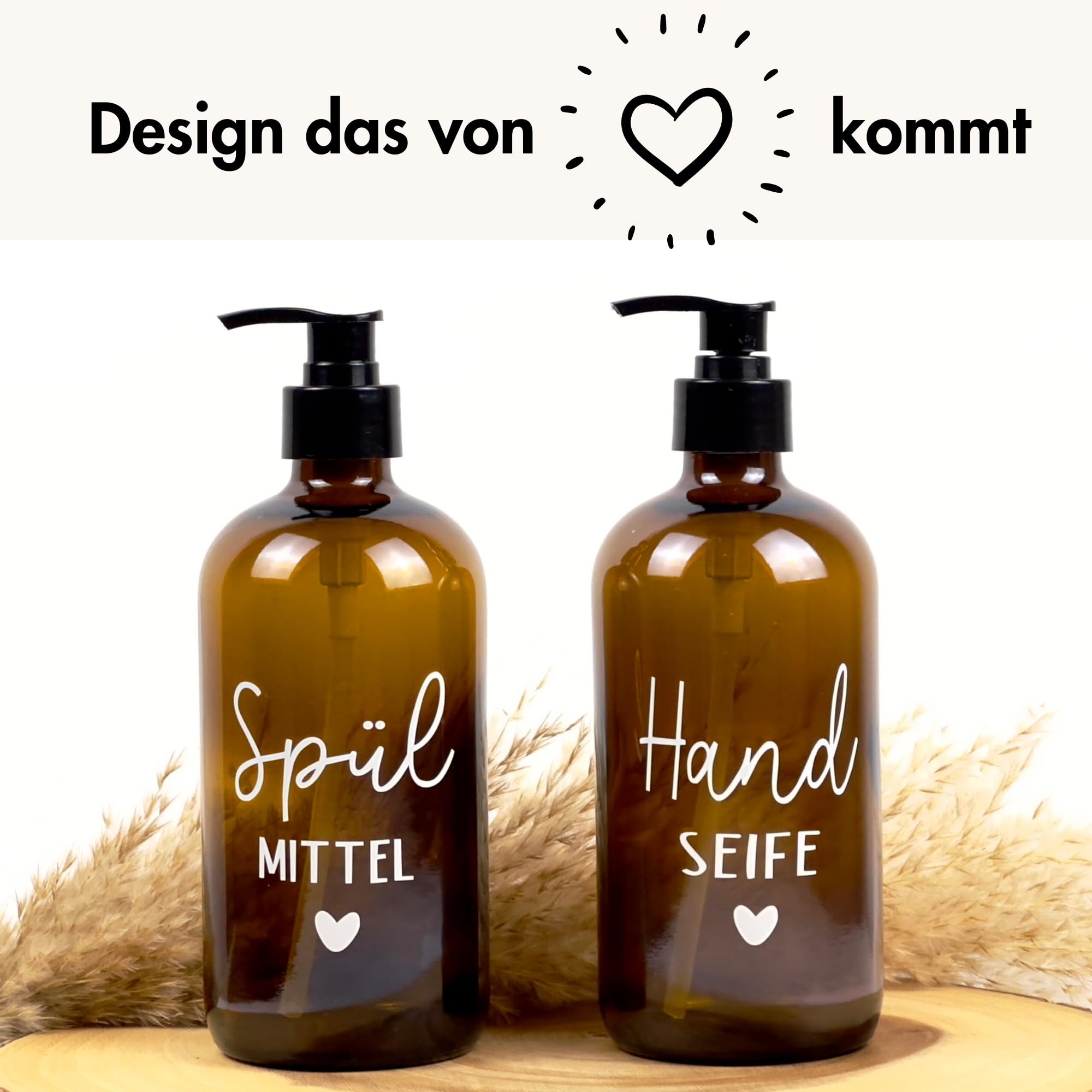 Glas Seifenspender 500ml - Schwarzer Pumpspender, Spülmittelspender für Küche. Handseifenspender für Badezimmer (Braun, Spülmittel + Handseife) 2