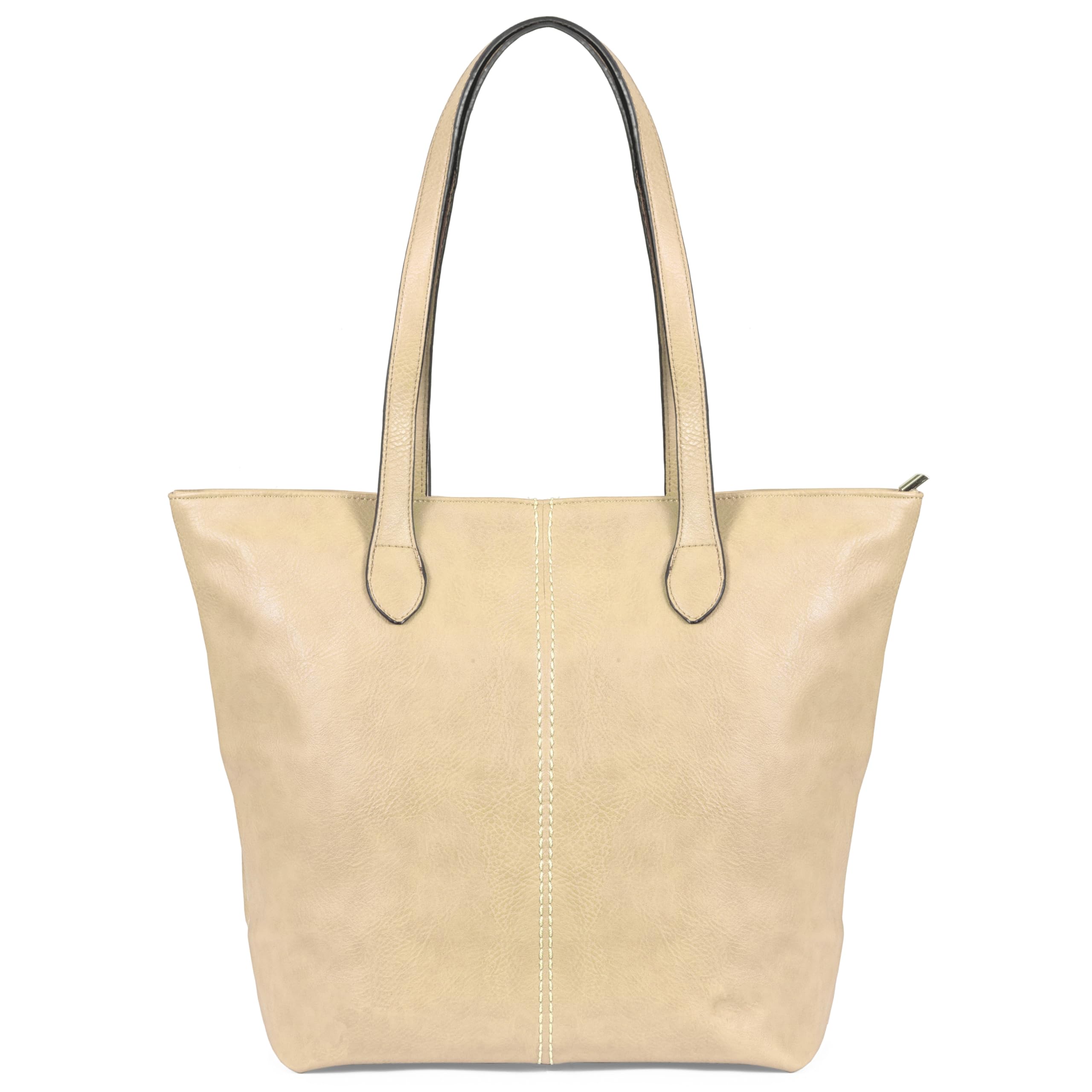 Lightweight Tote Shoulder Bag for Women - Soft Vegan PU Leather Large Handbag with Zip Pockets - Angela (Beige)