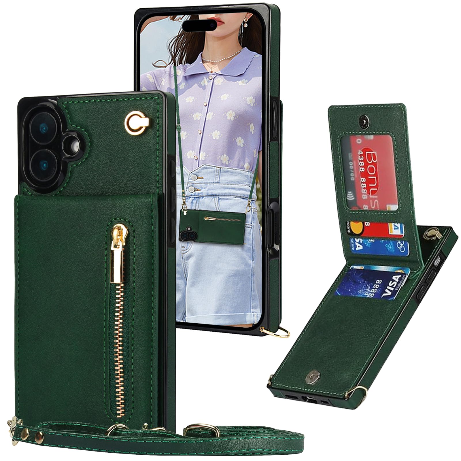 Ysnzaq Wallet Case for iPhone 16 6.1" with Crossbody Lanyard Strap & Credit Card Holder for Women, PU Leather Zipper Purse Flip Folio Cover Case for iPhone 16 / Apple 16. XK-Green
