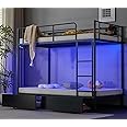 VINGLI Metal Bunk Bed Frame Twin Over Twin with 2 Drawers, LED Lights, Safety Guardrail & Ladder, Charging Station, for Kids, Teens & Adults, Space-Saving, No Box Spring Needed, Black