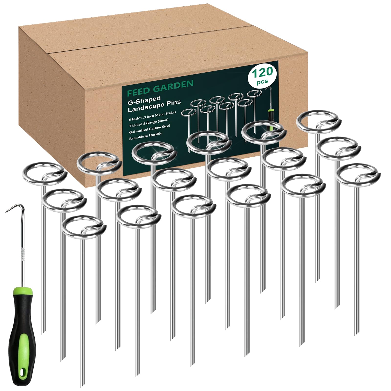 Photo 1 of FEED GARDEN 120 Pack Landscape Staples 8 Gauge 6 Inch Galvanized Garden Stakes SOD Pins Yard Lawn Spikes for Plant Cover, Tent, Weed Barrier Fabric, Turf, Inflatable and Outdoor Decoration