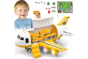UNIH Toddler Airplane for 2 3 4 5 Year Old Boys & Girls, Kids Toys Plane with Lights and Sounds, Transport Cargo Airplane with 4 Construction Cars