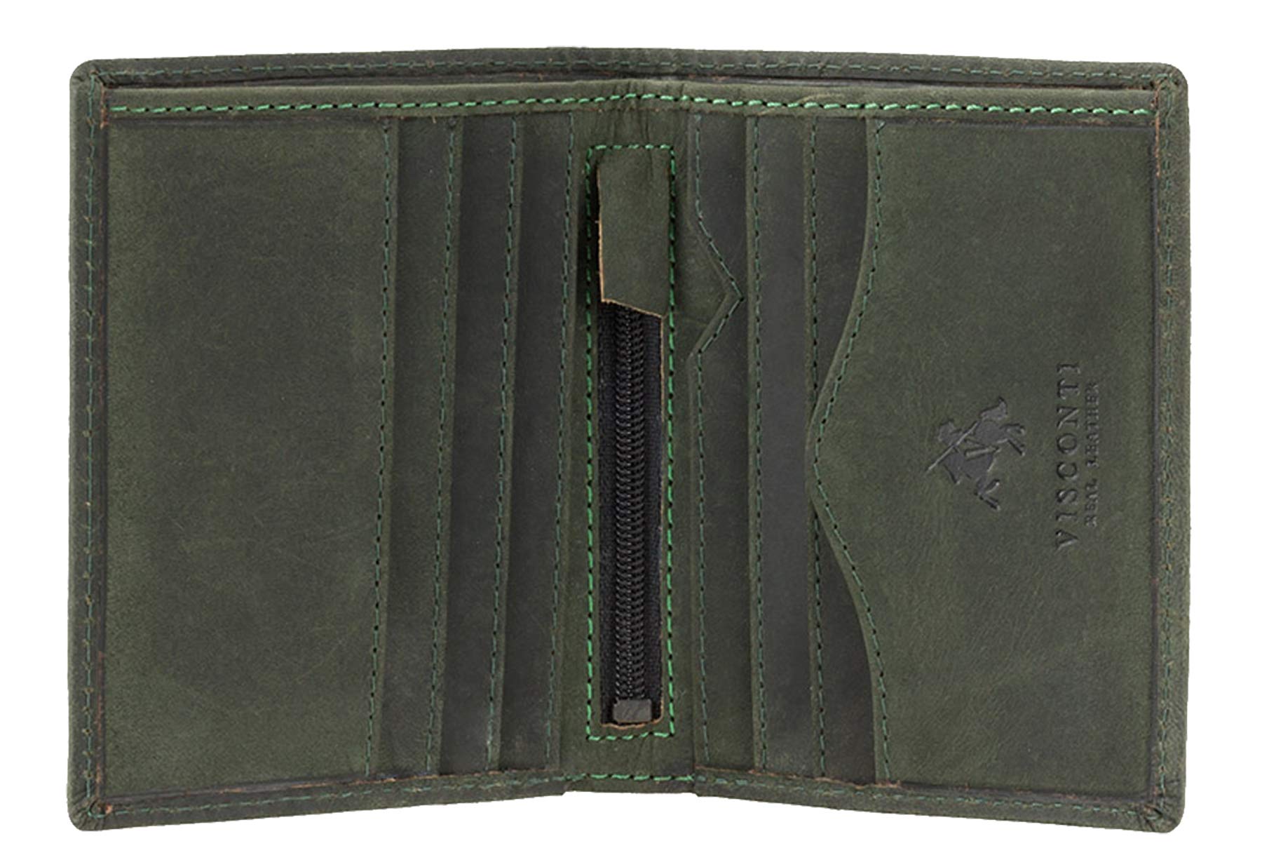 VISCONTI - Men's Small Bifold Leather Wallet - RFID Protected - 6 Credit Card Slots, Note Section & Coin Pocket - Gift Boxed - 705 Arrow - Oil Green