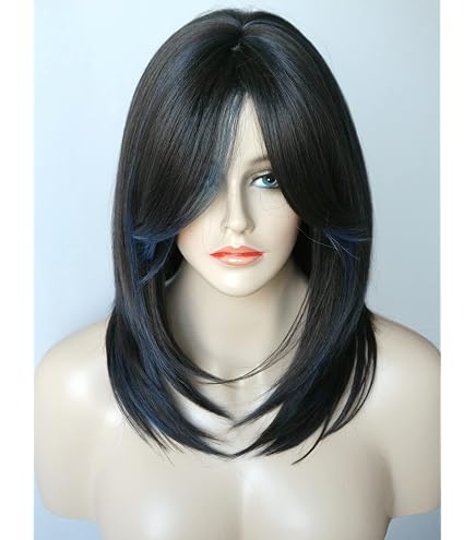 Wigs for Women Layered Synthetic Hair Wig with Highlight - Black Amazon.com : Haoland Black Wig With Highlights,Shoulder  main image 3