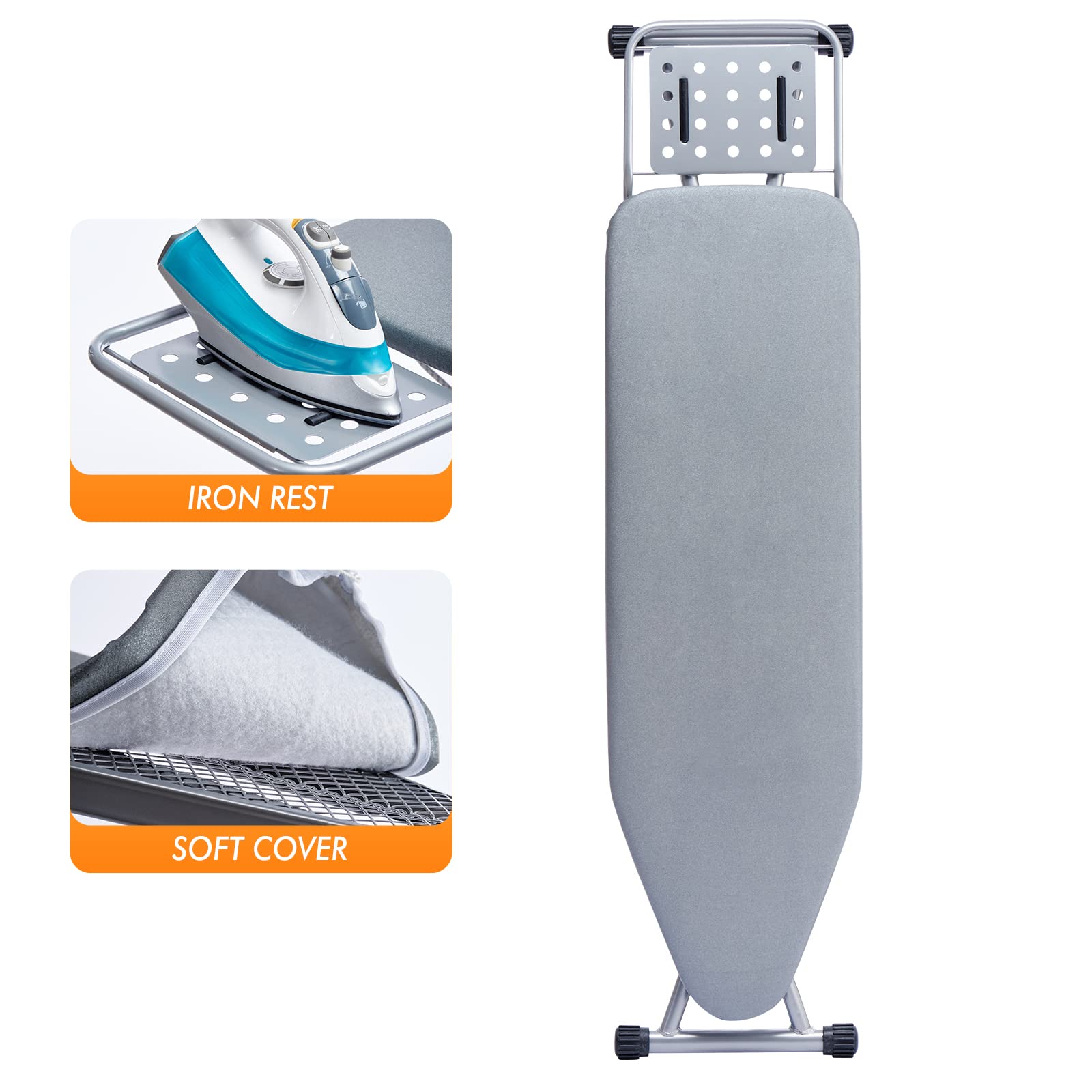Ironing Board, Heat Resistant Cover Iron Board with Steam Rest, Non-Slip Foldable Ironing Stand. Heavy Sturdy Metal Frame Legs Iron Stand(13 * 34 * 53 Inches) (Silver Gray)