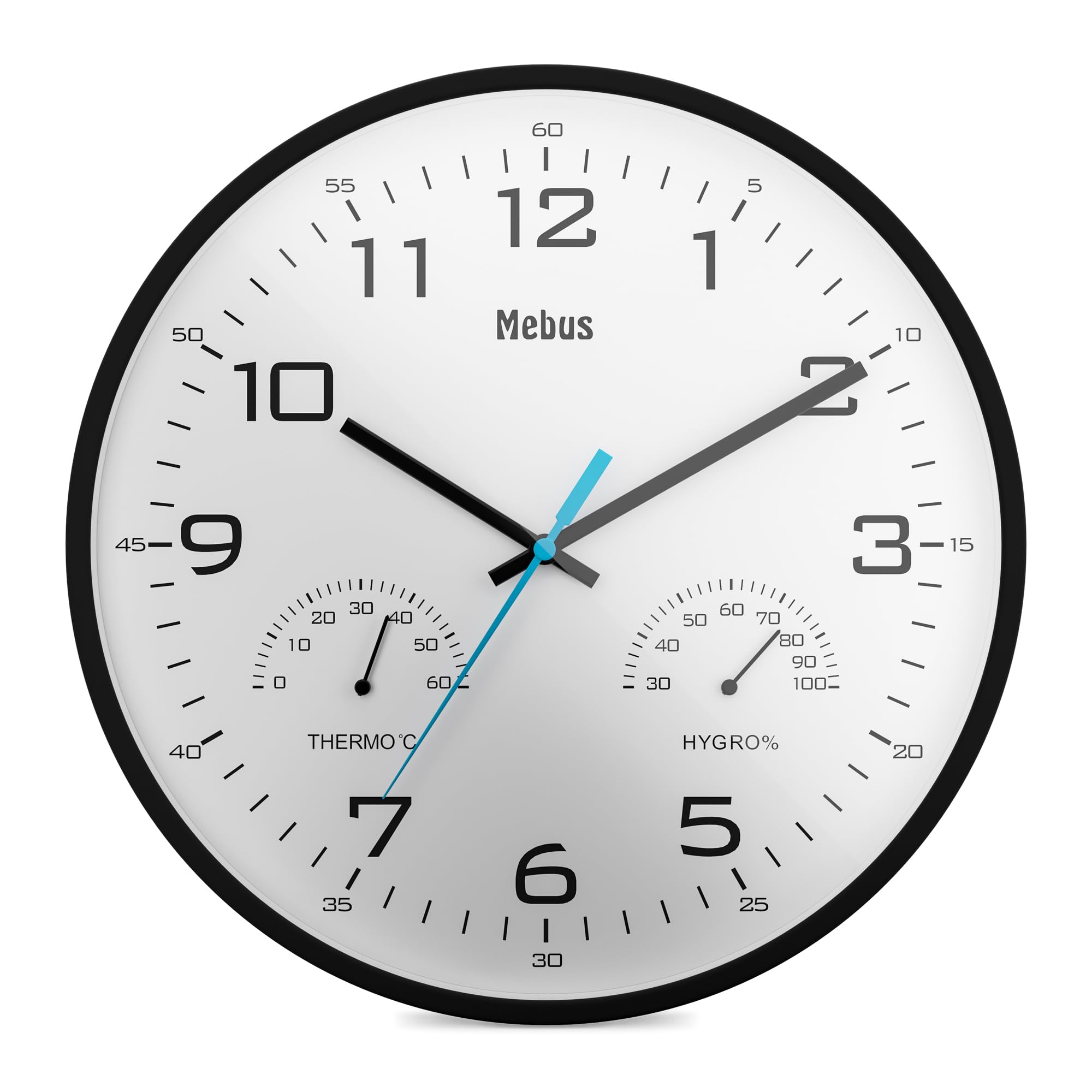 Mebus Temperature and Humidity Analog Quartz Wall Clock with Thermometer and Hygrometer, Plastic, Black, 30 cm Diameter, 16180