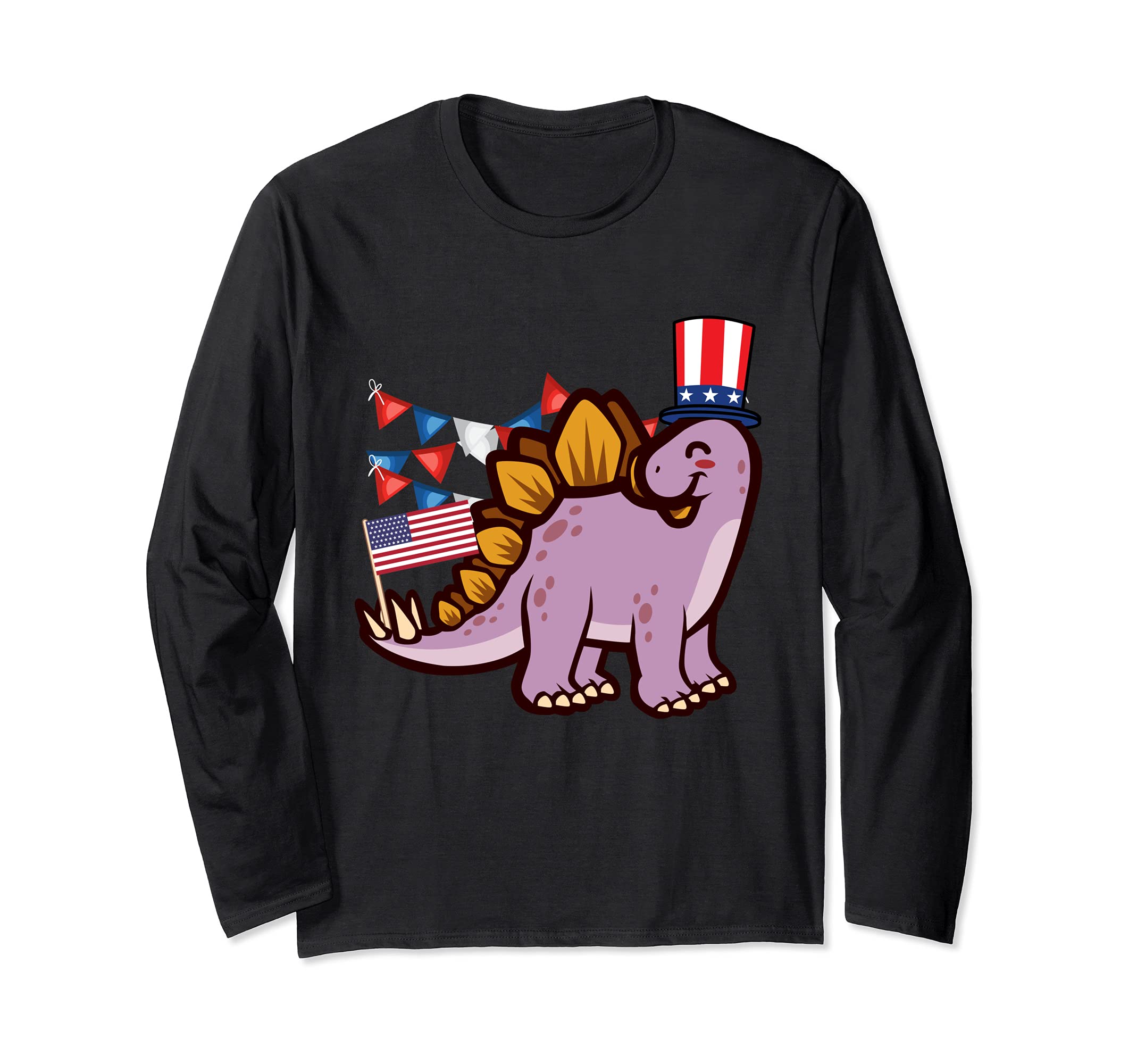 America 4th of July Independence Day Stegosaurus Dinosaur Long Sleeve T-Shirt