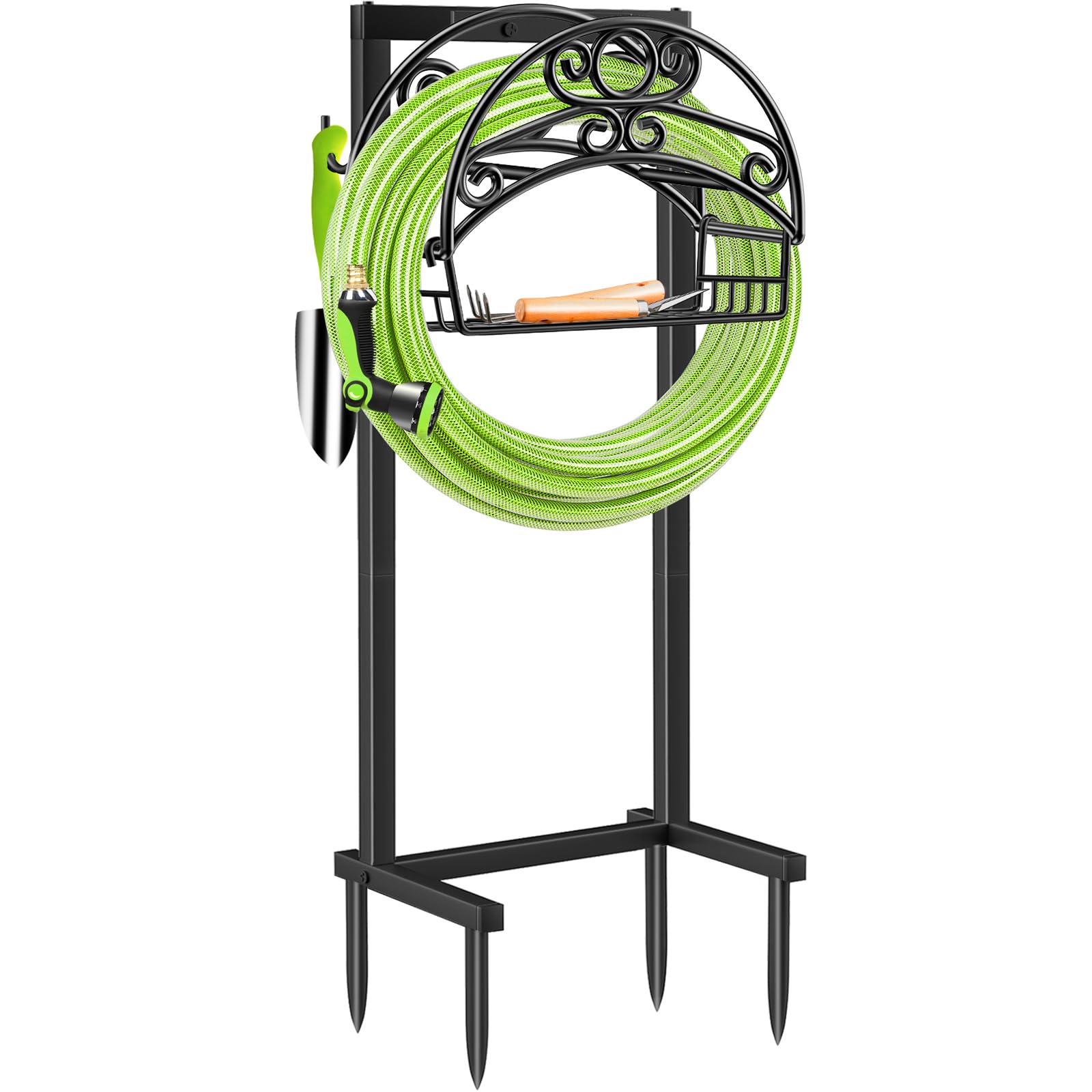 Photo 1 of TomCare Garden Hose Holder Upgraded Water Hose Holder with Storage Basket Heavy Duty 4 Spikes Hose Hanger Holds 160 Feet Hoses Stable Freestanding Hose Storage Organizer for Outside Yard