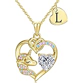 C-leen Unicorn Gifts for Girls Kids - Colorful CZ Heart Initial Necklaces Unicorn Necklace for Girls Jewelry Christmas Birthday Gifts for Little Girl