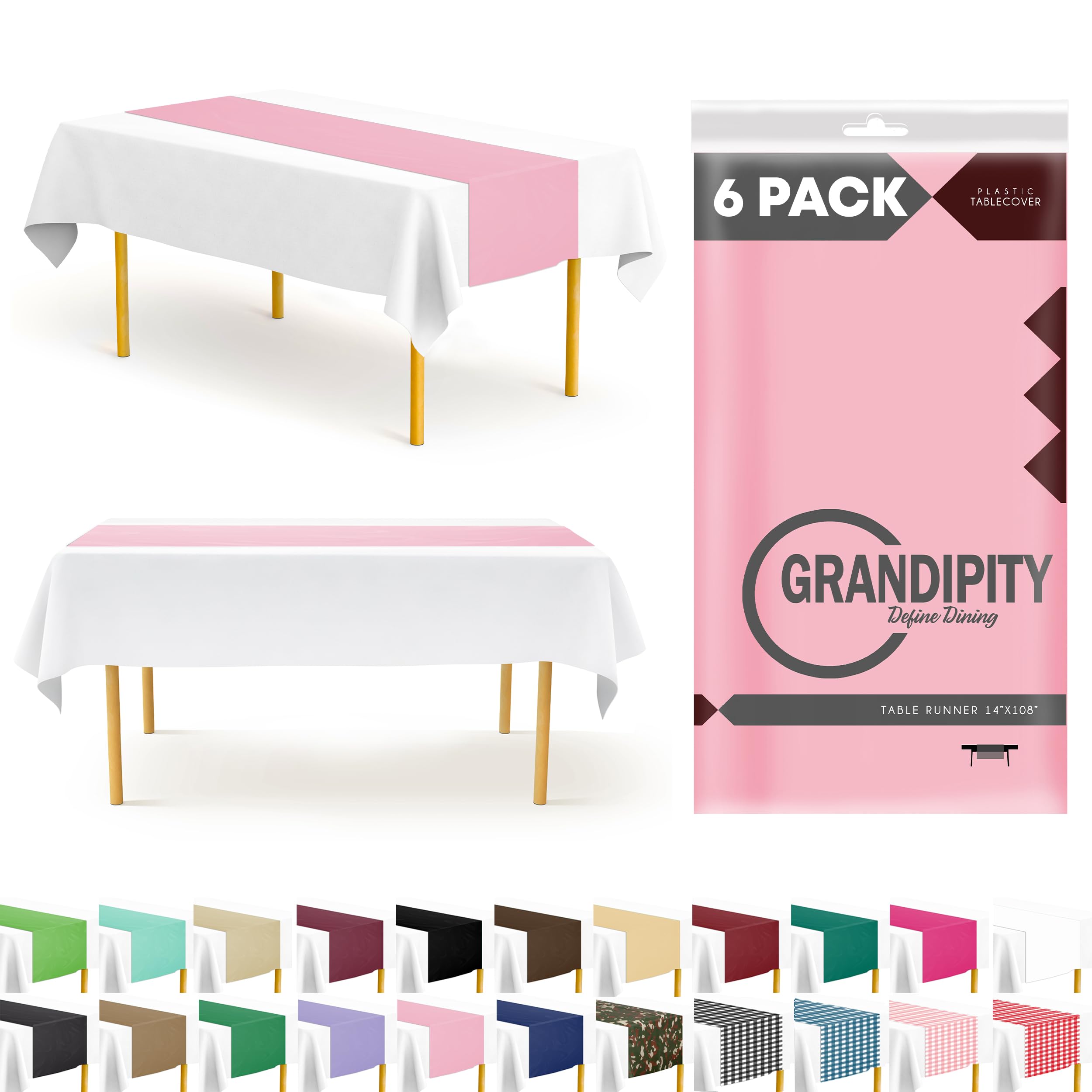 Pink 6 Pack Premium Disposable Plastic Table Runner 14 x 108 Inch. Table Runner for Dinner Parties & Events by Grandipity