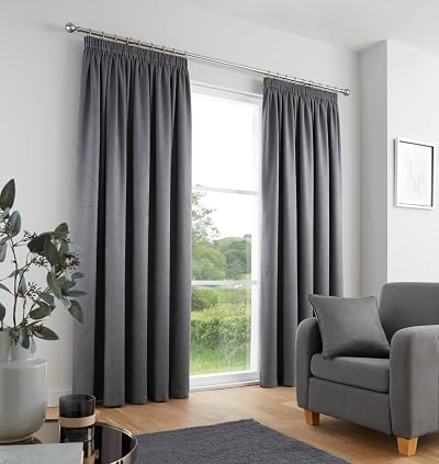 Fusion Charcoal Grey Pencil Pleat Curtains 2 Panels 229cm Thermal Drapes
