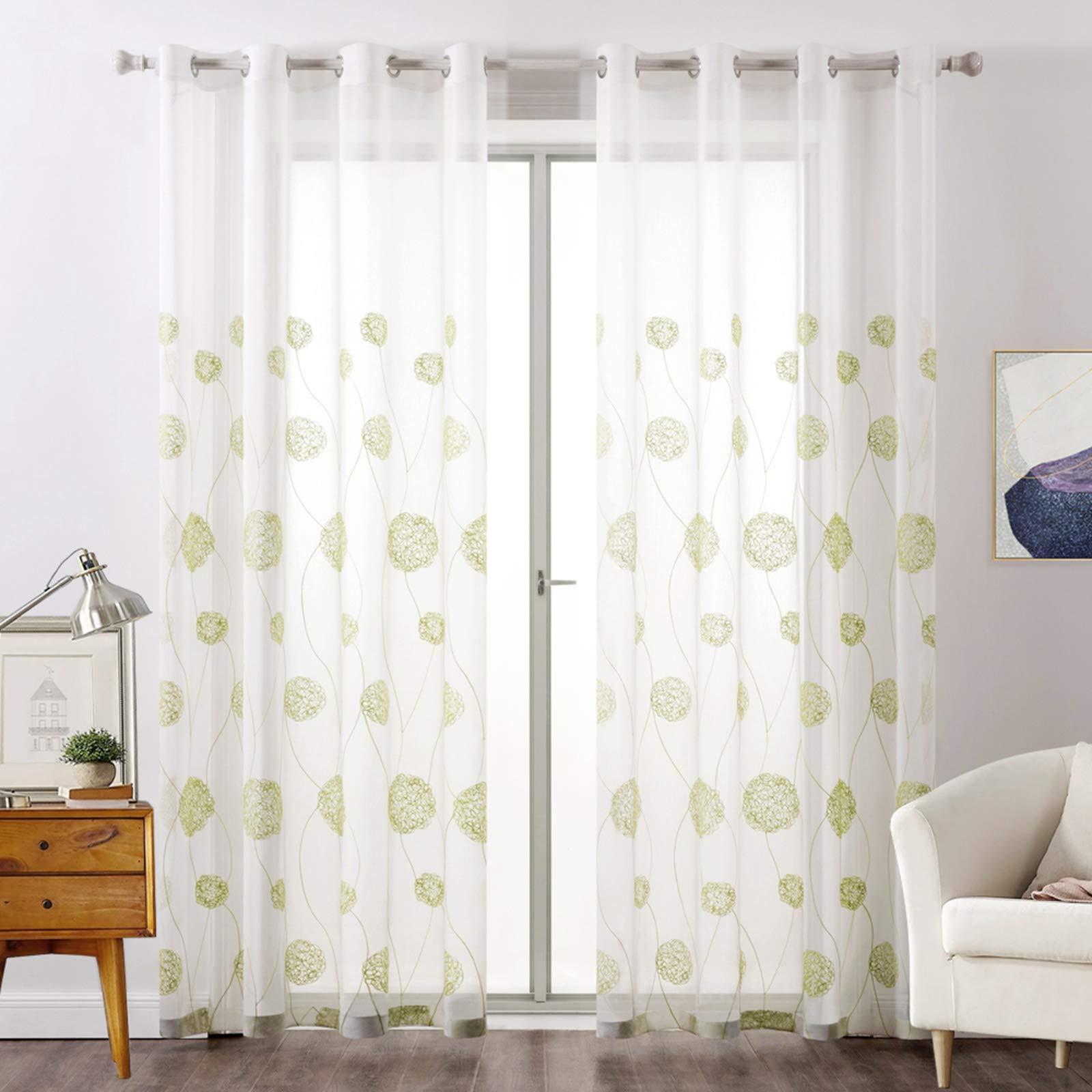 MIULEE 2 Panels Embroidered Sheer Window Flora Design Grommet Curtains Decoration Window Voile Panels/Drape/Treatment for Bedroom Living Room Flora 55" Wx 88" L Green