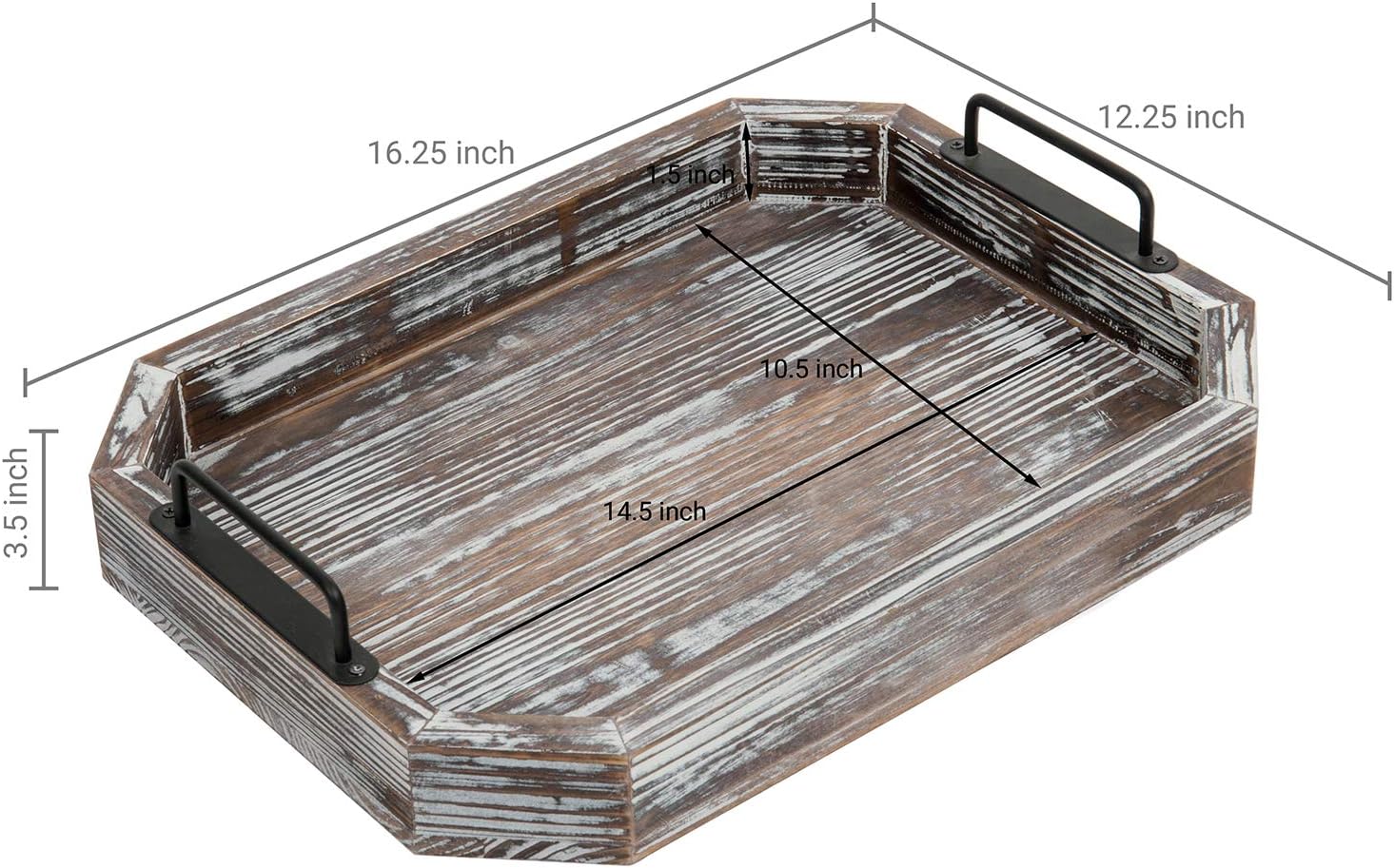 MyGift 16 Inch Rustic Torched Wood Serving Tray with Decorative Matte Black Metal Handles: Home & Kitchen
