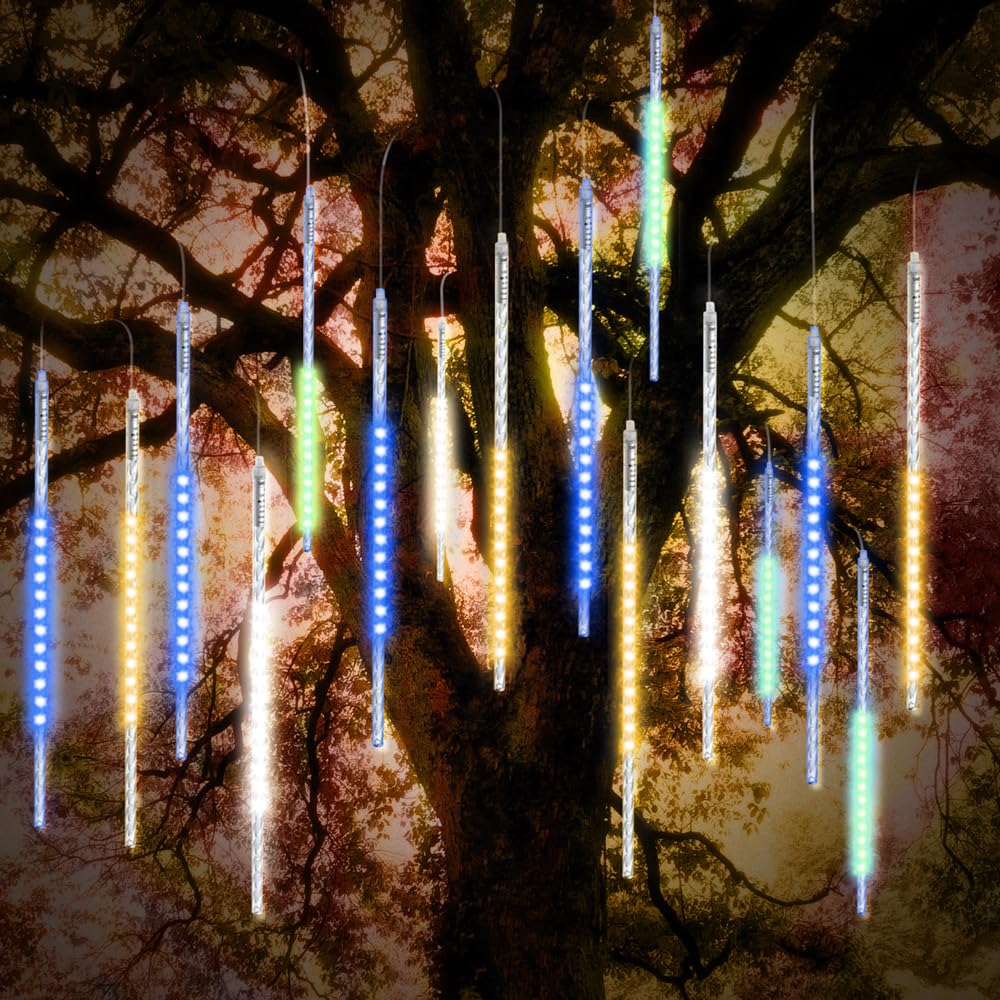 Vikdio Christmas Lights Outdoor, Meteor Shower Lights 50cm 10 Spiral Tubes 540 LEDs 3.15m Lit Length, Waterproof Snowfall Icicle Lights for Outdoor Xmas Decoration Party Tree Window (Multicolor)