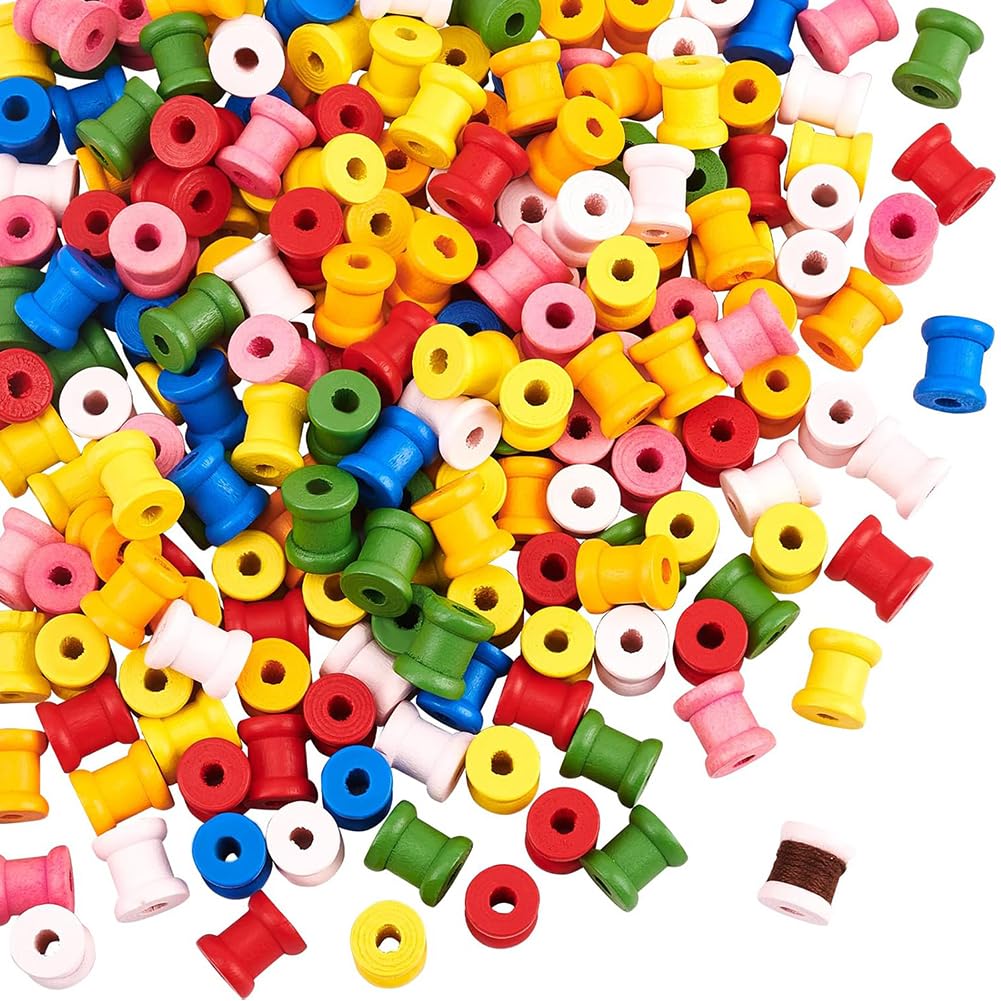 NBEADS 200 PCS Mini Dyed Wooden Empty Spools, Colorful Wooden Spools Thread Bobbin Cord Wire Sewing for Cross Stitch Embroidery Floss Thread Storage