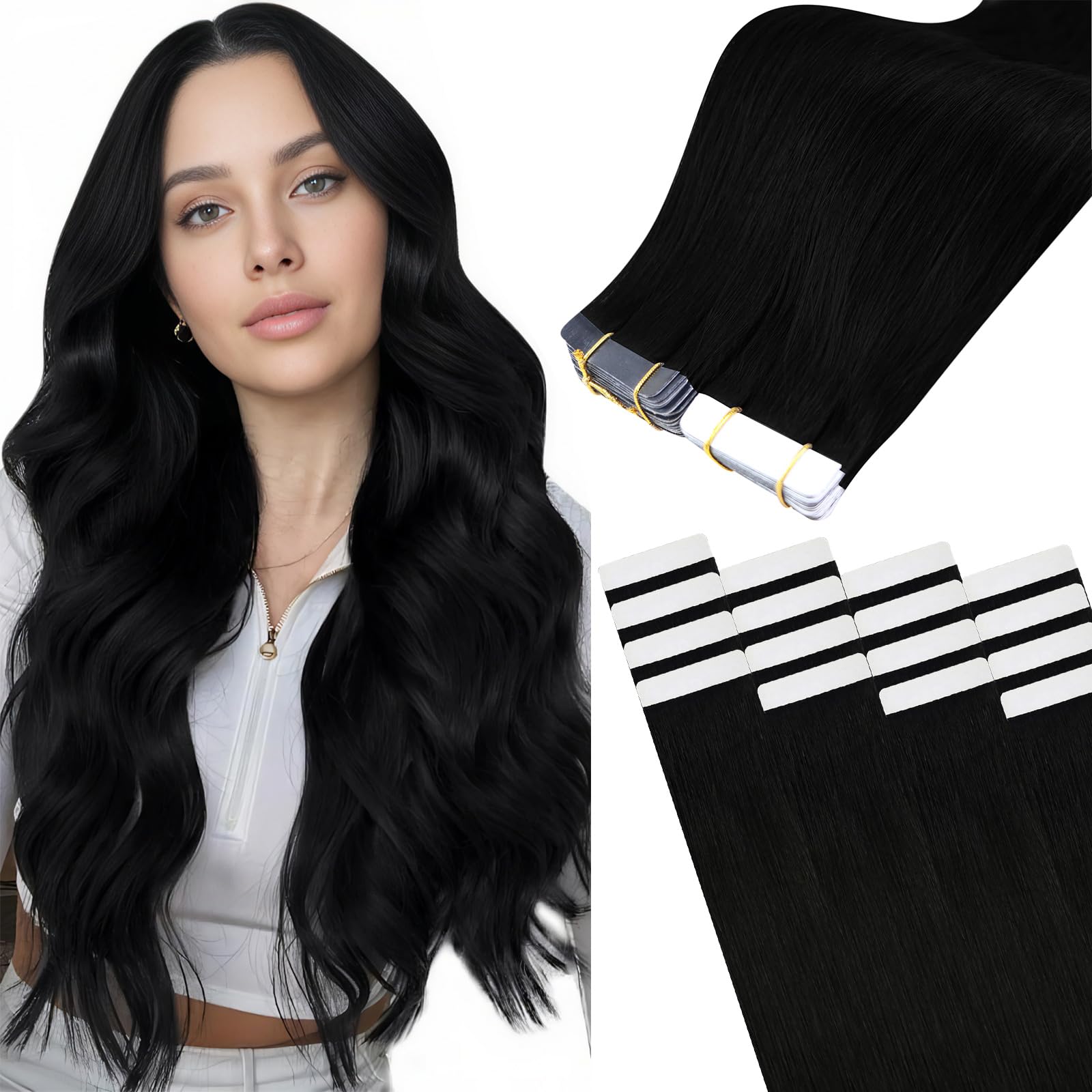 Easyouh Tape Extensions Human Hair Jet Black Tape in Hair Extensions Human Hair 18 Inch 40g 20Pcs Invisible Tape Hair Extensions Real Human Hair Black — image 1
