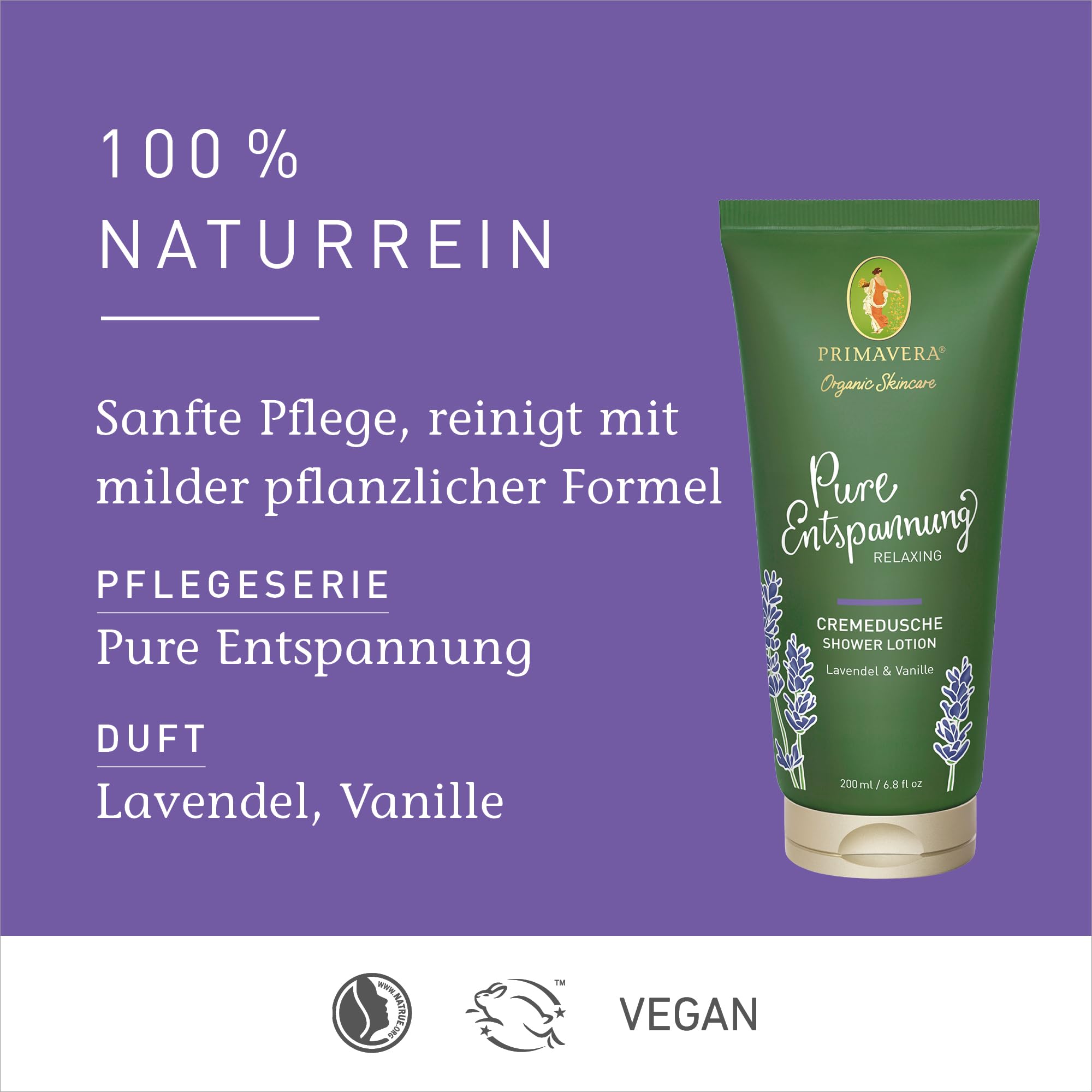 PRIMAVERA Pure Entspannung Cremedusche 200 ml – Duschgel, Duschbalsam, Naturkosmetik – Lavendel, Vanille Duft – reinigt sanft, beruhigt, pflegt – vegan 2