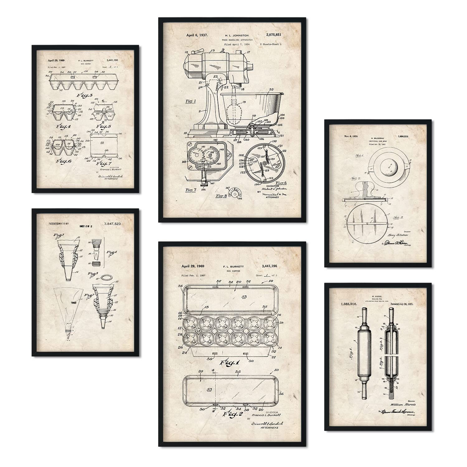 Nacnic Set of 6 Kitchen Tools patent prints. Posters with retro patent illustrations for your home, shop, office... Vintage style interior decoration. A4 and A3 sizes. No frame.