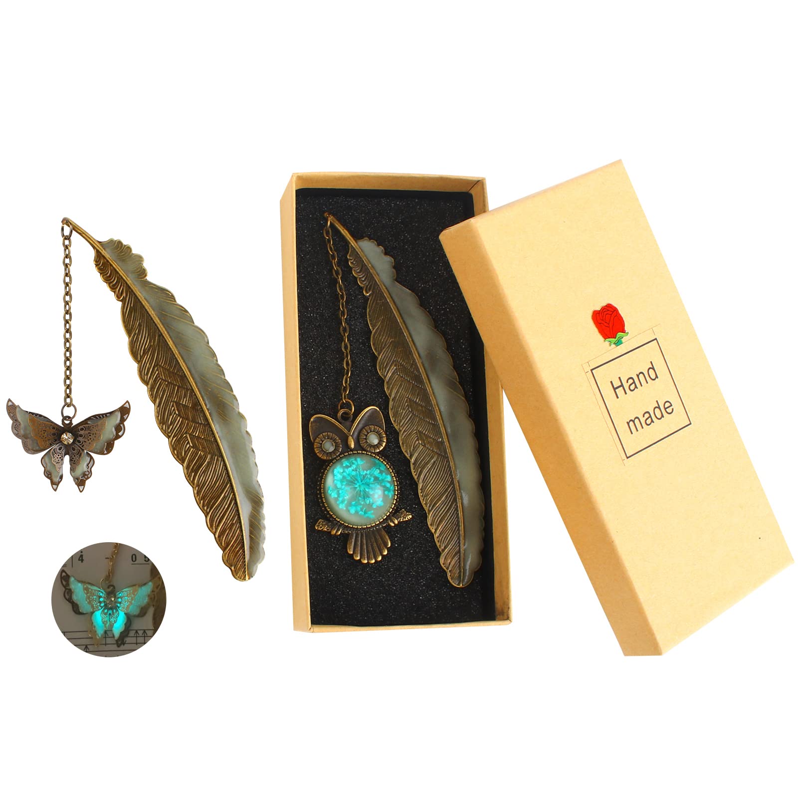 Boisbresil 2 PCS Metal Feather Bookmark, Vintage Bookmarks Butterfly Feather Bookmark 3D Metal Luminous Owl Feather Bookmark Pendant Retro Glow in The Dark Gift for Valentine's Day, Birthday