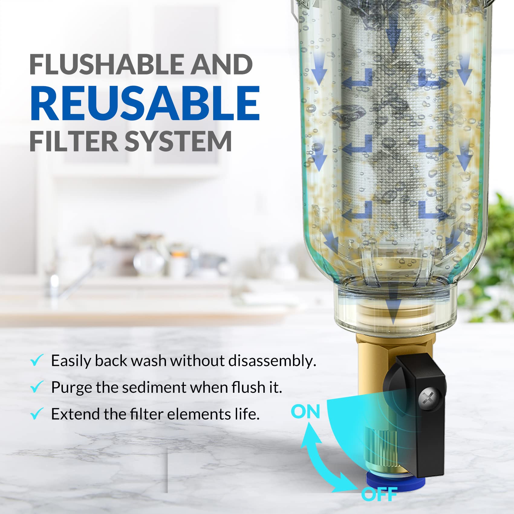 SimPure DC5S 40 Micron Spin Down Sediment Filter, Reusable Whole House Sediment Water Filter Softener with Siliphos Helps Prevent Scale and Corrosion, 1