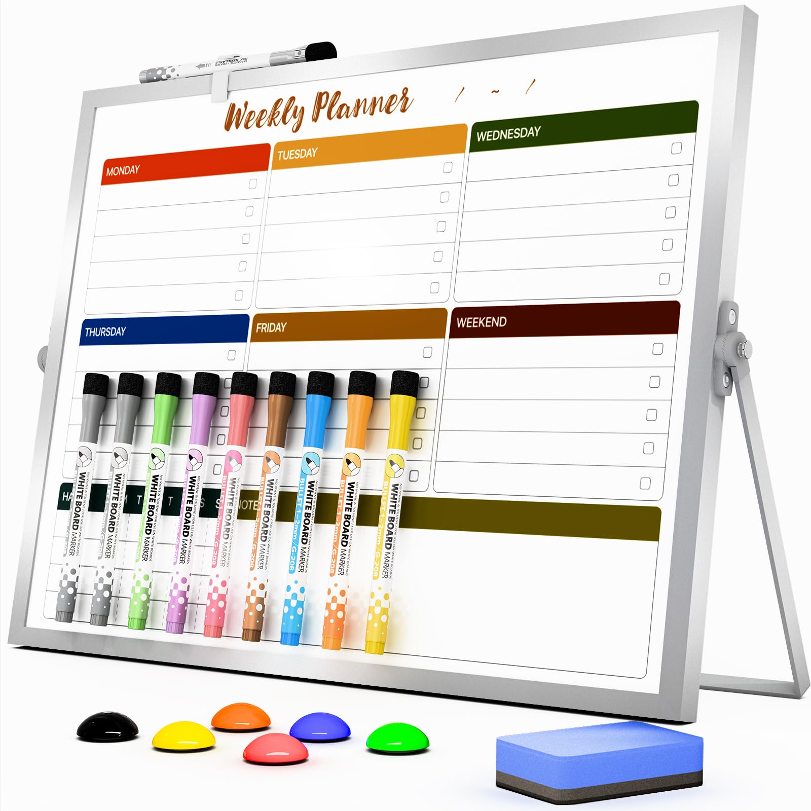 Marsrock Dry Erase A3 White Board with Stand,Double-Sided Whiteboard 40x30cm,10 Markers,6 Magnets, 1 Eraser,Portable Desktop Whiteboard for Planning,Colorful Weekly Schedule Board for School for Home