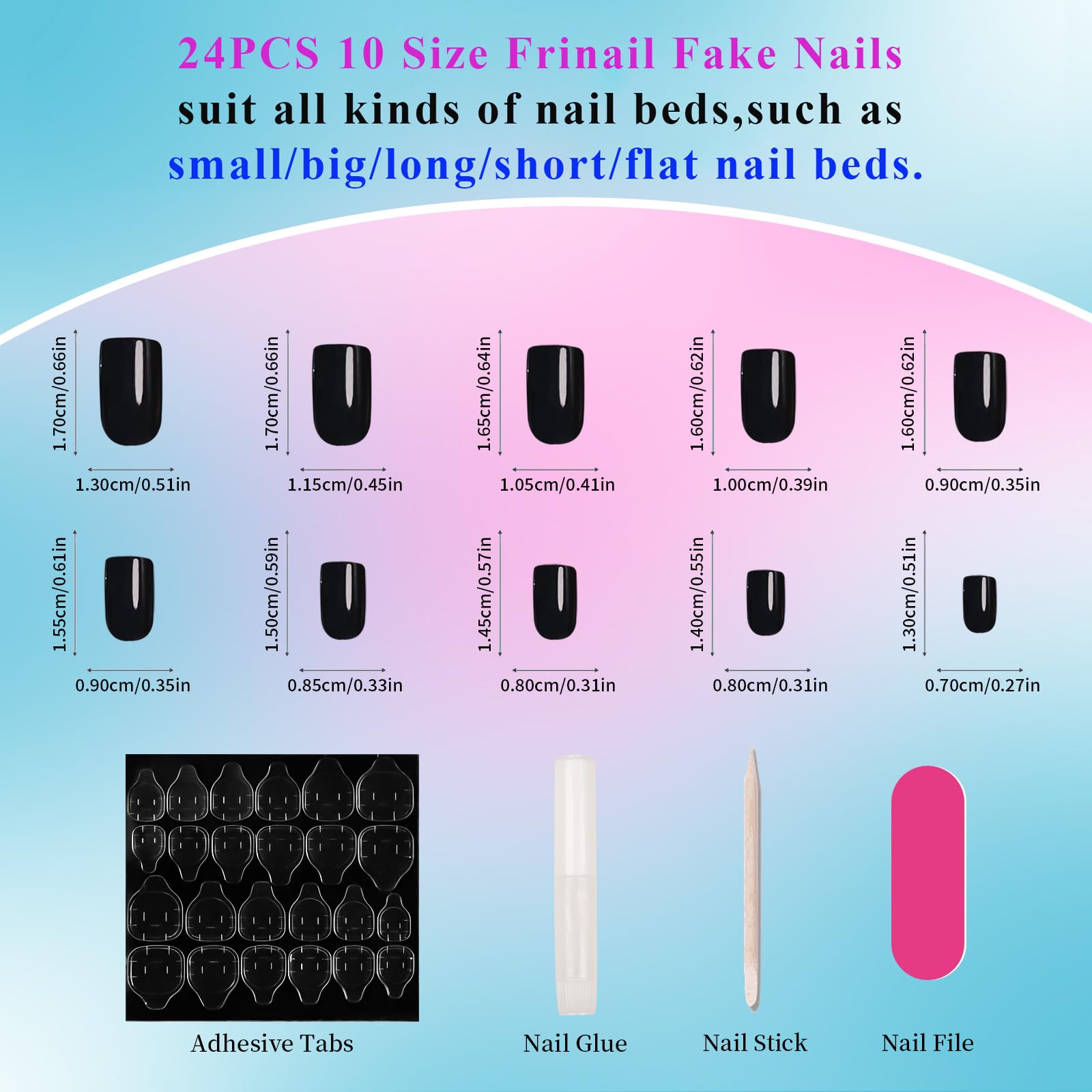 Frinail Black Press on Fake Nails Short Square,Gel Manicure Glossy Acrylic Stick on False Nails Kit for Women Girls,24PCS 10 Size Glue On Nails for Small Flat Medium Gig Long Nail Beds - Image 4