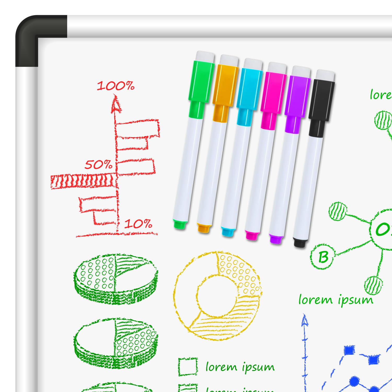 Leddy Living 6 Erasable Magnetic Whiteboard Marker Pens with Magnet and Eraser Assorted Colors for School, Office, Home
