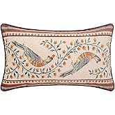patdrea Designer Vintage Throw Pillow Covers 12"x20",Red Soft Velvet Lumbar Pillows Cover with Birds Floral Pattern,Rectangular Farmhouse Decorative Pillowcases for Couch Bed Living Room Outdoor