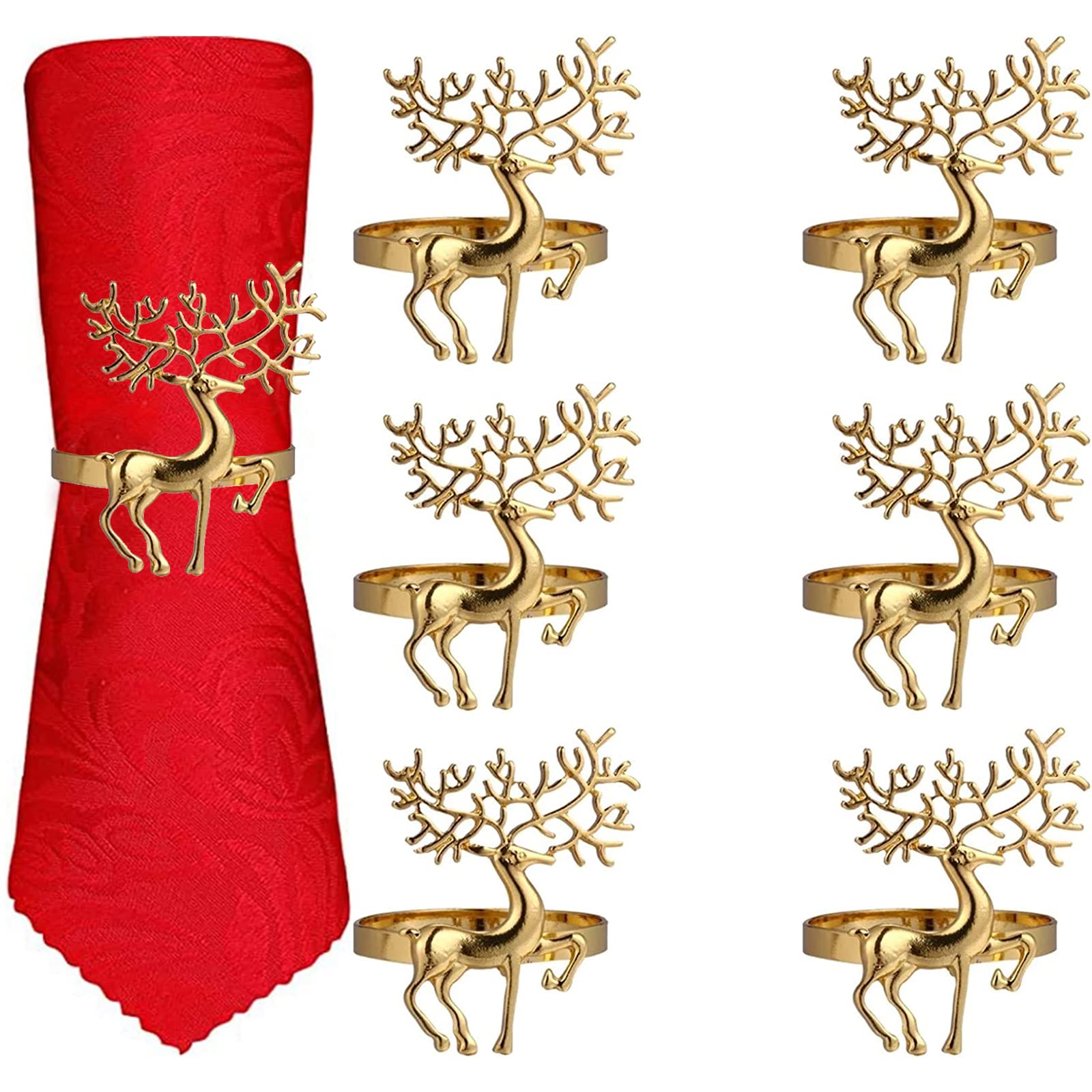 Christmas Napkin Rings- 6 Pcs Christmas Alloy Napkin Ring Holder Household Napkin Buckle for Table Decor, Wedding, Xmas, Party Dinner, Thanksgiving (Reindeer) (Gold)