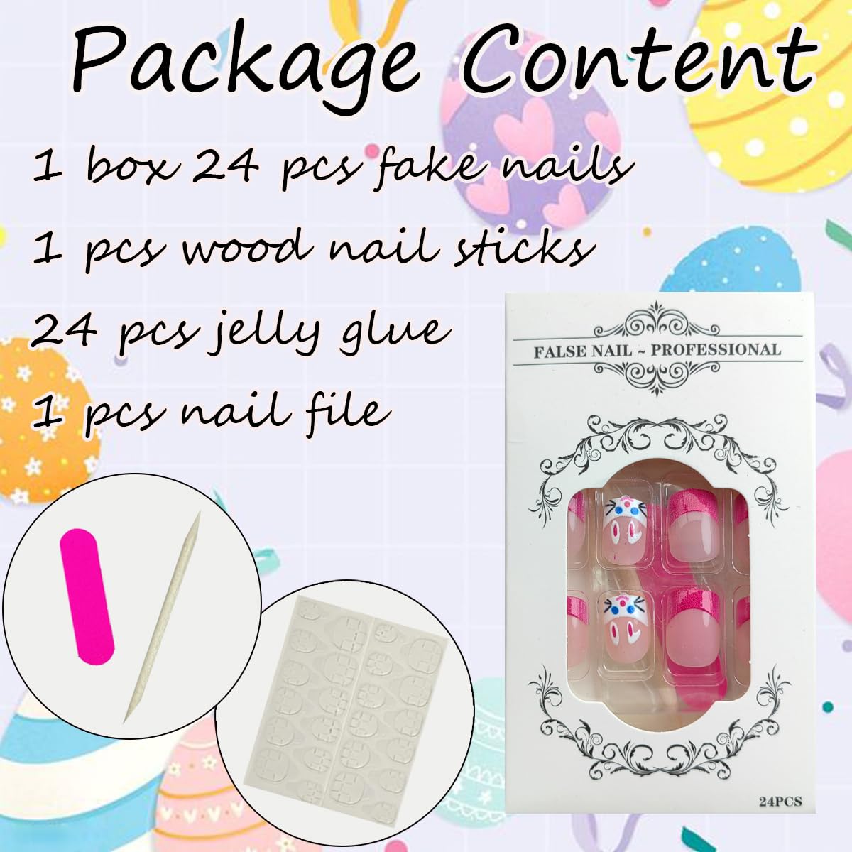 24Pcs Pink French Tip Press on Nails Short Square Easter Fake Nails Cartoon Rabbit Nails Tip Design Cute Full Cover Glue on Nails Bunny False Nails Glossy Stick on Nails for Women Holiday Nails Decor - Image 5