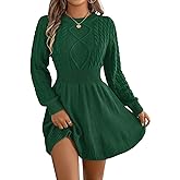 ChiaoLezhee Women's Short Sweater Dress, Cinched Waist Long Sleeve Crewneck Cable Knit Dresses, Fall Winter Casual Outfits