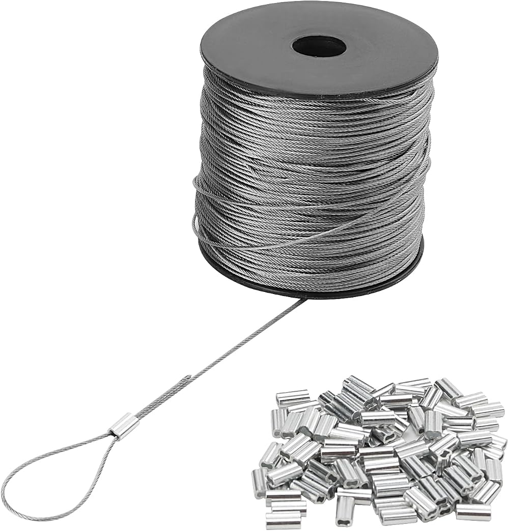 ZEONHAK 1mm Stainless Steel Wire Rope Cable 400ft Aircraft Wire with 100 Clamps