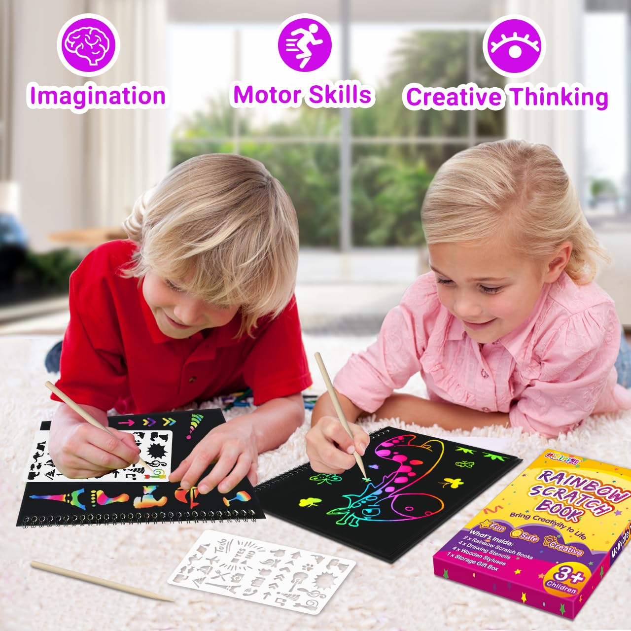pigipigi Rainbow Scratch Paper for Kids - 2 Pack Large Scratch Off Notebooks Arts Crafts Supplies Kits Drawing Paper Black Magic Sheets Scratch Pad Activity Toy for Girls Boys Christmas Birthday Gift